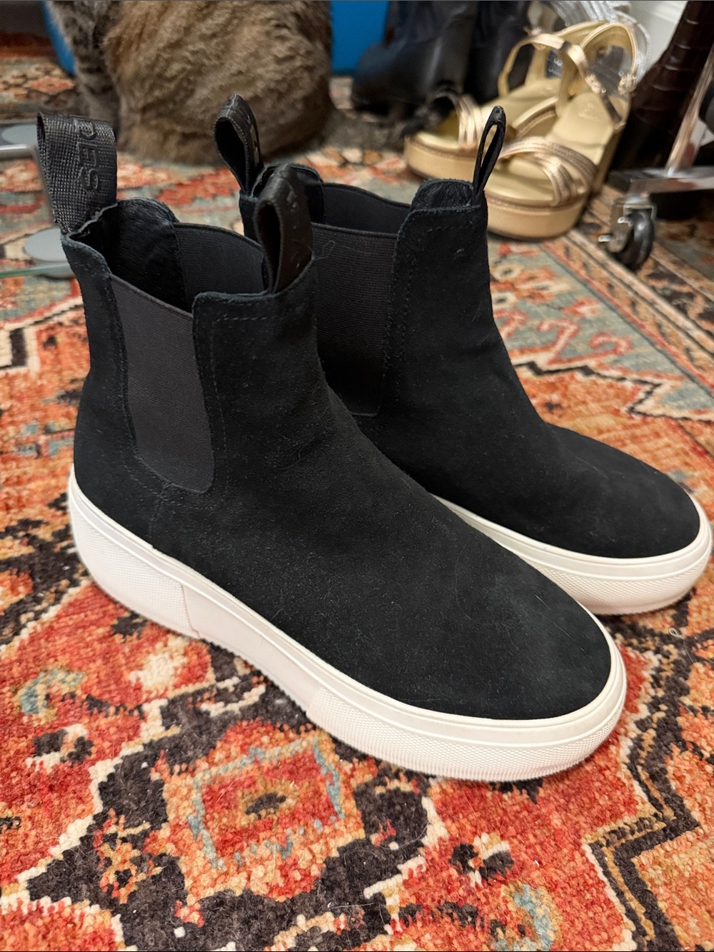 J Slides Black Suede Chelsea Platform Booties with White Sole